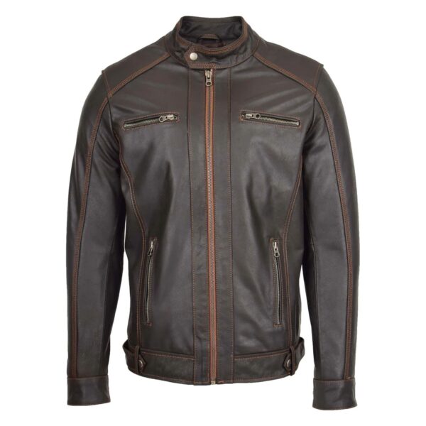 WeeBroz Men's Brown Leather Biker Jacket Zipper Classic Biker Style - Image 3