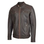 WeeBroz Men's Brown Leather Biker Jacket Zipper Classic Biker Style - Image 4