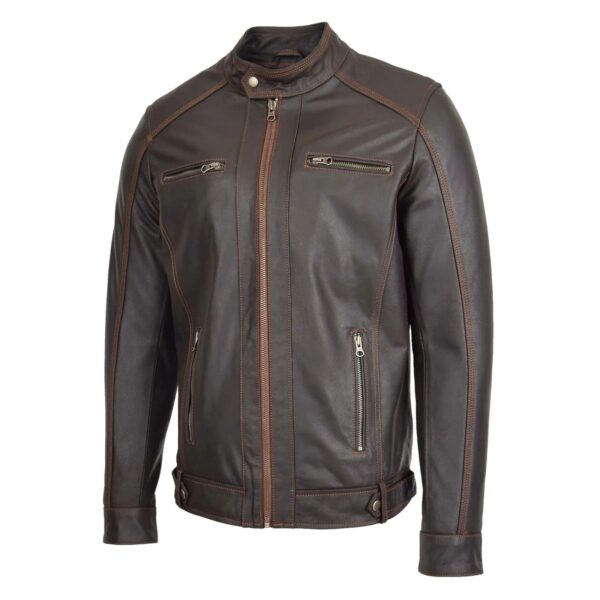 WeeBroz Men's Brown Leather Biker Jacket Zipper Classic Biker Style - Image 4