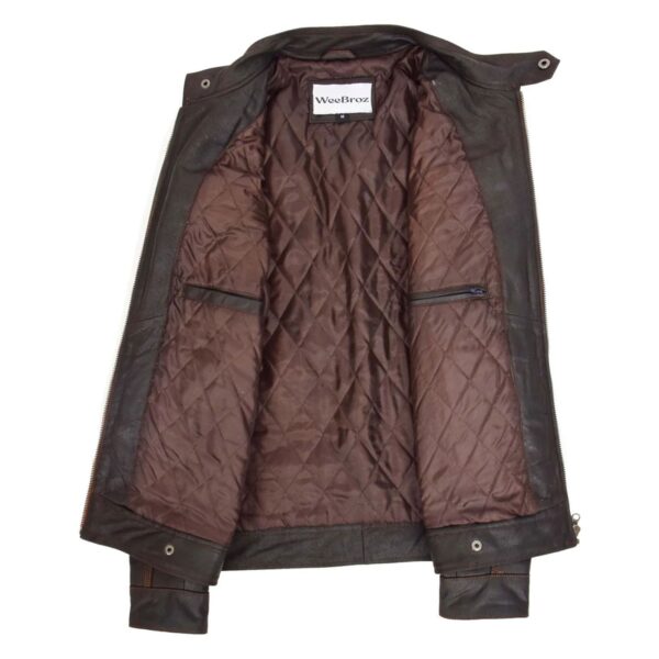 WeeBroz Men's Brown Leather Biker Jacket Zipper Classic Biker Style - Image 6
