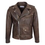 WeeBroz Men's Antique Brown Leather Biker Jacket Heavy Duty Biker Style