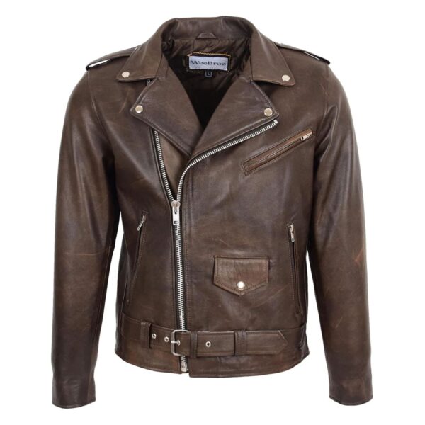 WeeBroz Men's Antique Brown Leather Biker Jacket Heavy Duty Biker Style - Image 1