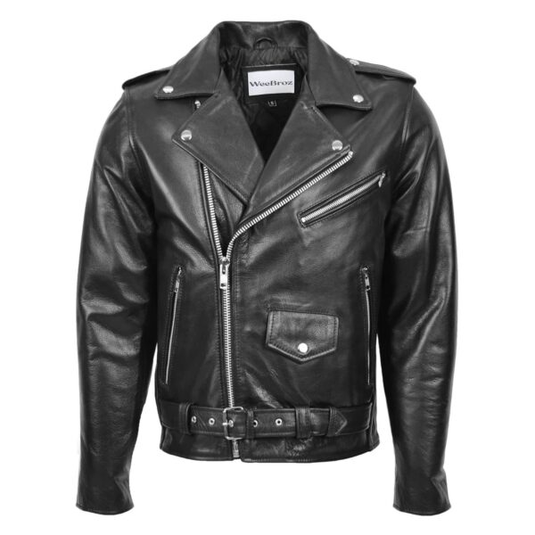 WeeBroz Men's Black Leather Biker Jacket Heavy Duty Brando Style - Image 1