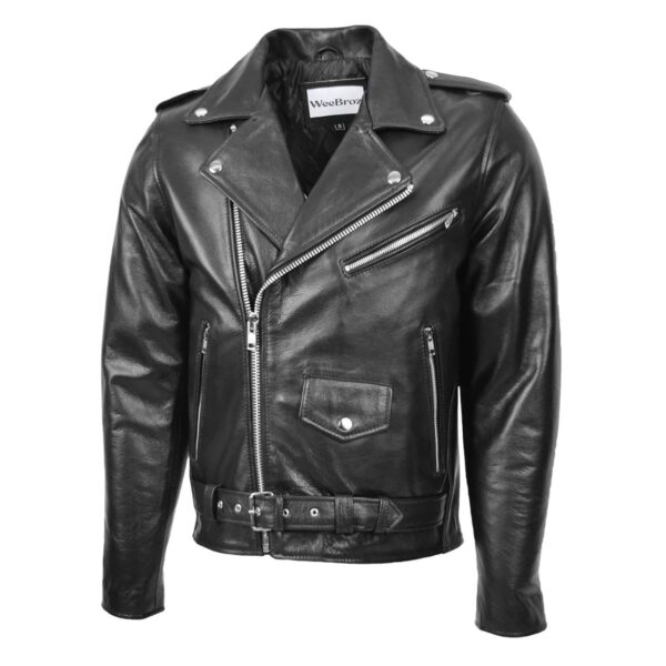 WeeBroz Men's Black Leather Biker Jacket Heavy Duty Brando Style - Image 4