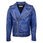 WeeBroz Men's Blue Leather Biker Jacket Heavy Duty Brando Style