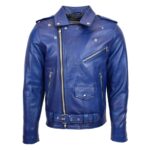 WeeBroz Men's Blue Leather Biker Jacket Heavy Duty Brando Style - Image 3