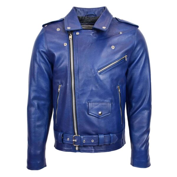 WeeBroz Men's Blue Leather Biker Jacket Heavy Duty Brando Style - Image 3
