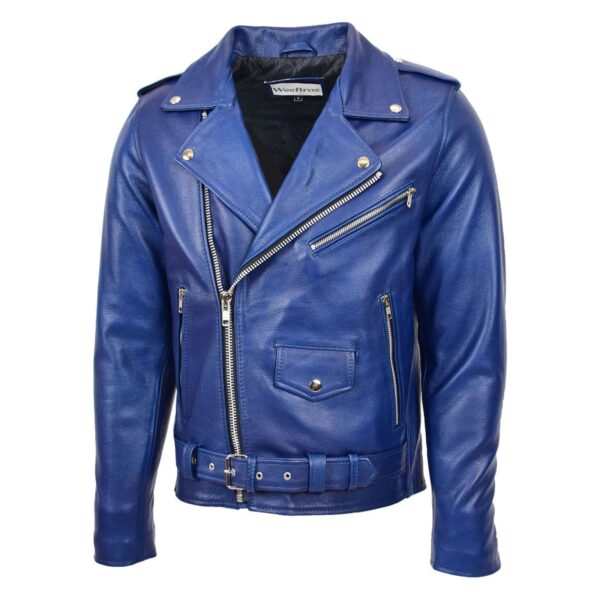 WeeBroz Men's Blue Leather Biker Jacket Heavy Duty Brando Style - Image 4