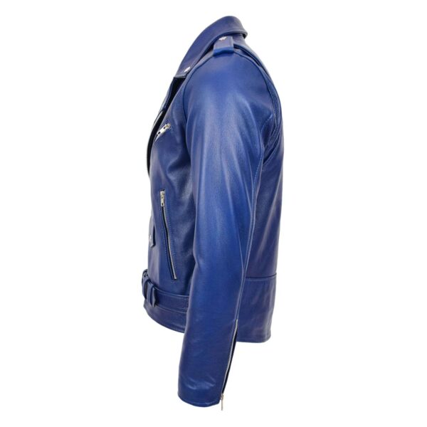 WeeBroz Men's Blue Leather Biker Jacket Heavy Duty Brando Style - Image 5