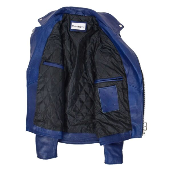 WeeBroz Men's Blue Leather Biker Jacket Heavy Duty Brando Style - Image 6