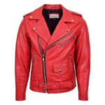 WeeBroz Men's Red Leather Biker Jacket Heavy Duty Rider Style