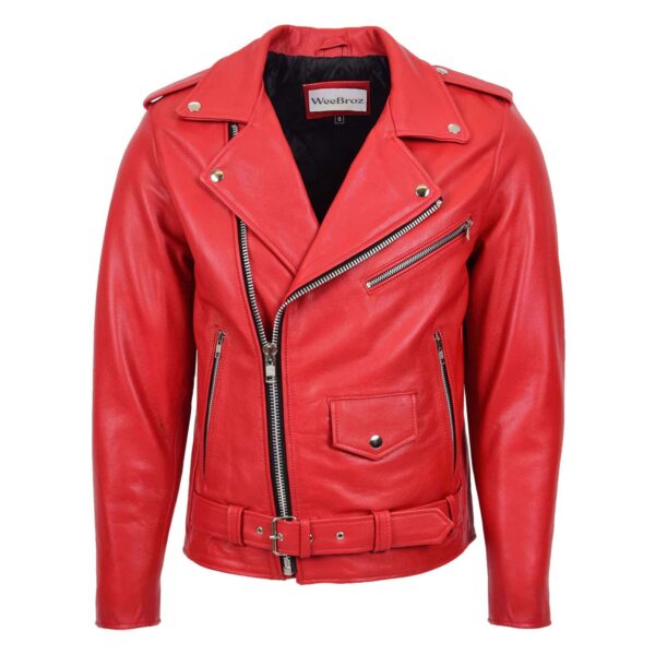 WeeBroz Men's Red Leather Biker Jacket Heavy Duty Rider Style - Image 1