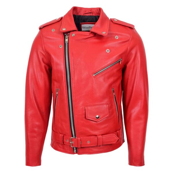 WeeBroz Men's Red Leather Biker Jacket Heavy Duty Rider Style - Image 2