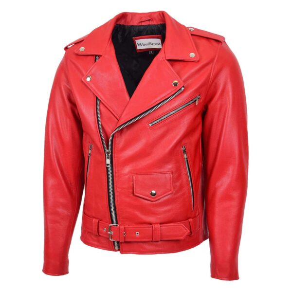 WeeBroz Men's Red Leather Biker Jacket Heavy Duty Rider Style - Image 4