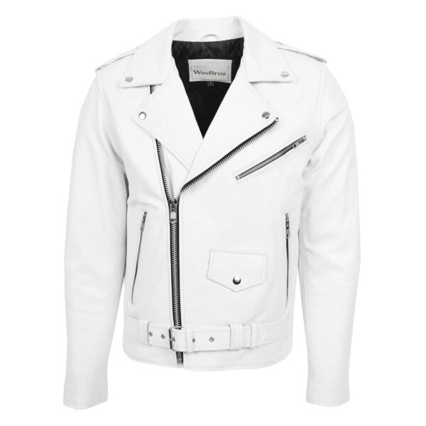 WeeBroz Men's White Leather Biker Jacket Heavy Duty Moto Biker Style - Image 1