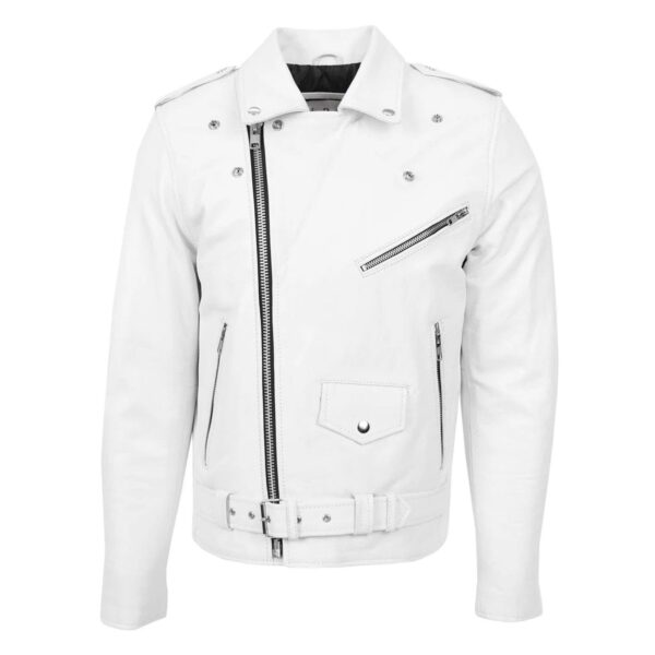 WeeBroz Men's White Leather Biker Jacket Heavy Duty Moto Biker Style - Image 3