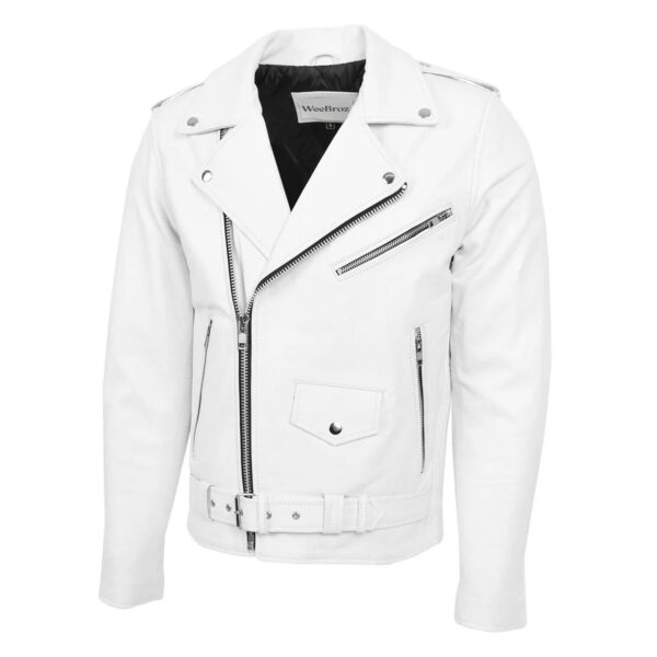 WeeBroz Men's White Leather Biker Jacket Heavy Duty Moto Biker Style - Image 4