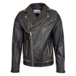 WeeBroz Men's Vintage Black Leather Biker Jacket Brando Biker Style