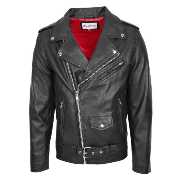WeeBroz Men's Black Leather Biker Jacket Brando Jacket Biker Style - Image 1