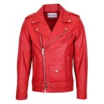 WeeBroz Men's Red Leather Biker Jacket Brando Biker Style
