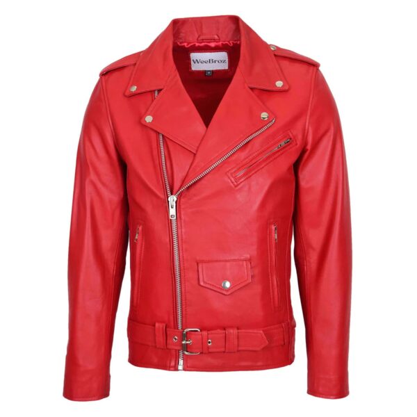 WeeBroz Men's Red Leather Biker Jacket Brando Biker Style - Image 1