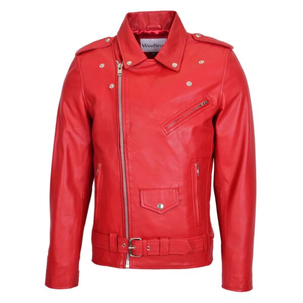 WeeBroz Men's Red Leather Biker Jacket Brando Biker Style - Image 3