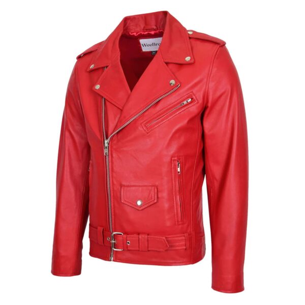 WeeBroz Men's Red Leather Biker Jacket Brando Biker Style - Image 4