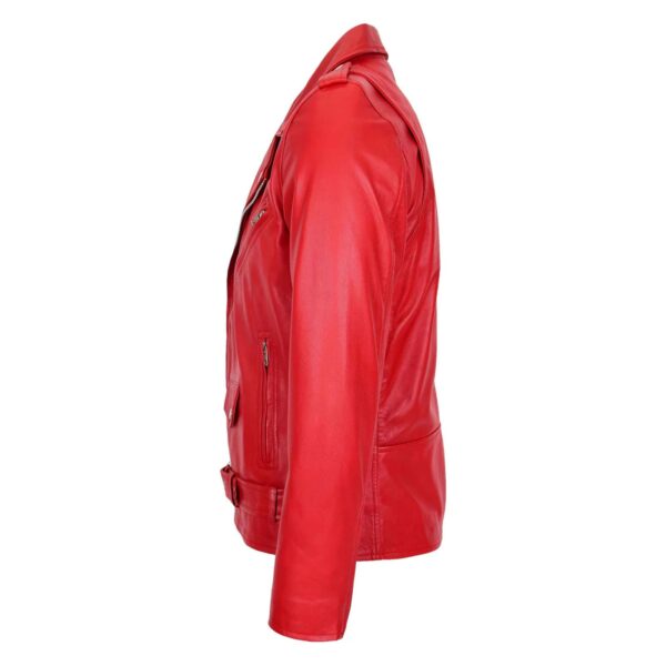 WeeBroz Men's Red Leather Biker Jacket Brando Biker Style - Image 5