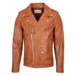 WeeBroz Men's Tan Leather Biker Jacket Brando Jacket Biker Style