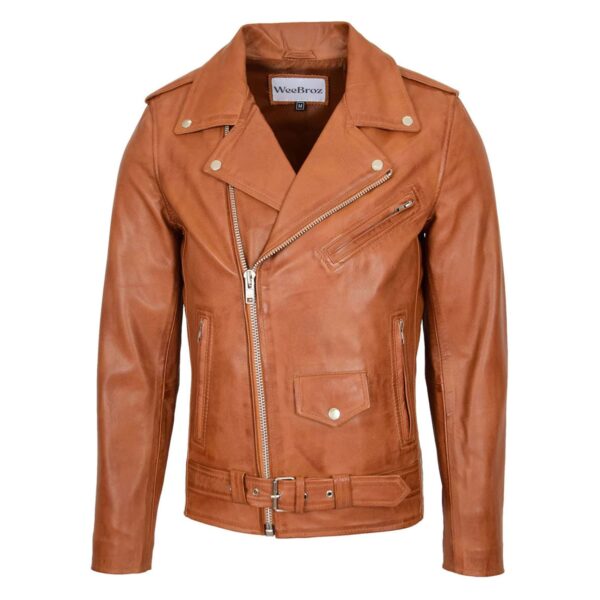 WeeBroz Men's Tan Leather Biker Jacket Brando Jacket Biker Style - Image 1