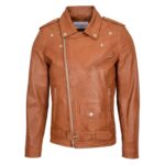 WeeBroz Men's Tan Leather Biker Jacket Brando Jacket Biker Style - Image 3