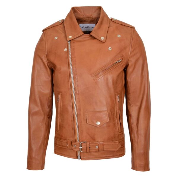 WeeBroz Men's Tan Leather Biker Jacket Brando Jacket Biker Style - Image 3