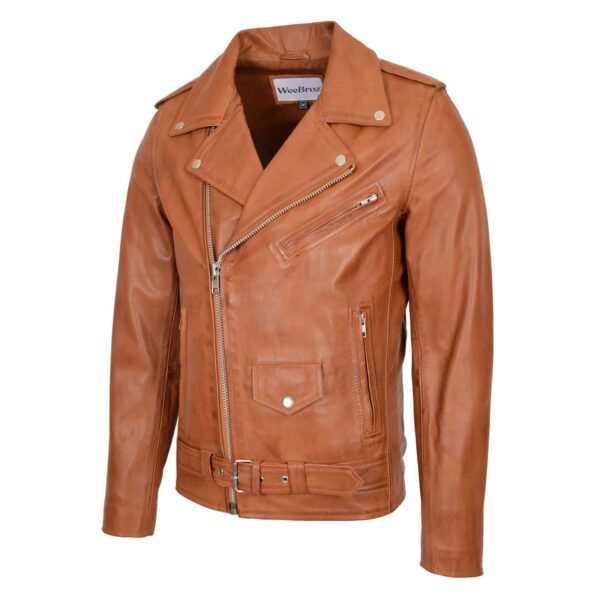 WeeBroz Men's Tan Leather Biker Jacket Brando Jacket Biker Style - Image 4
