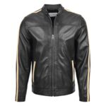 WeeBroz Men's Black Leather Biker Jacket With Racing Stripes Style