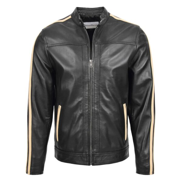 WeeBroz Men's Black Leather Biker Jacket With Racing Stripes Style - Image 1