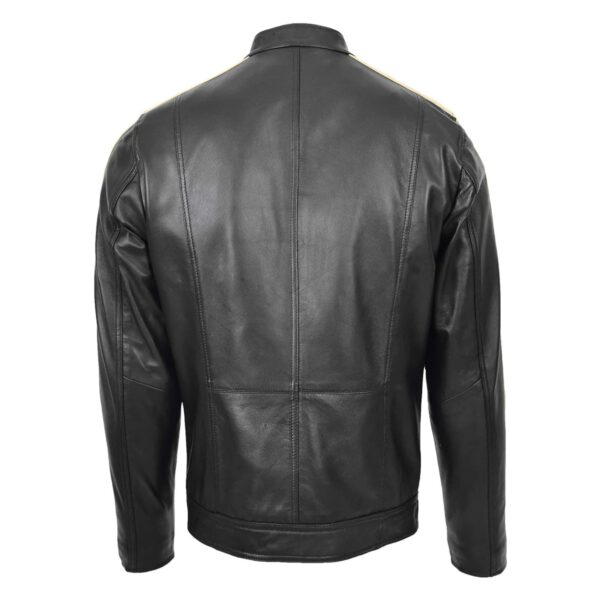 WeeBroz Men's Black Leather Biker Jacket With Racing Stripes Style - Image 2