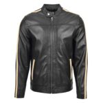 WeeBroz Men's Black Leather Biker Jacket With Racing Stripes Style - Image 3