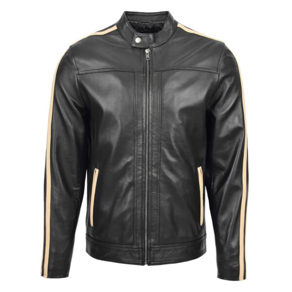 WeeBroz Men's Black Leather Biker Jacket With Racing Stripes Style - Image 3
