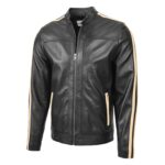 WeeBroz Men's Black Leather Biker Jacket With Racing Stripes Style - Image 4