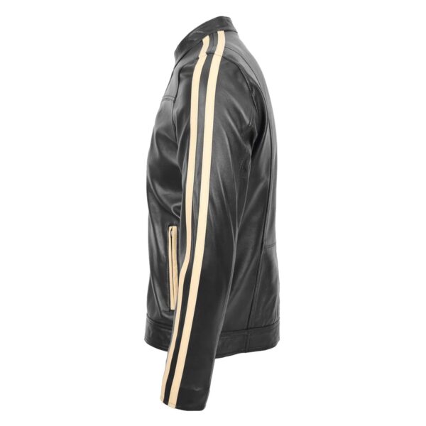 WeeBroz Men's Black Leather Biker Jacket With Racing Stripes Style - Image 5
