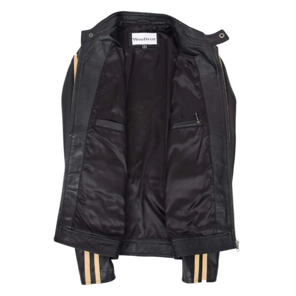 WeeBroz Men's Black Leather Biker Jacket With Racing Stripes Style - Image 6