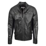WeeBroz Men's Black Leather Biker Jacket Quilt Detail Style