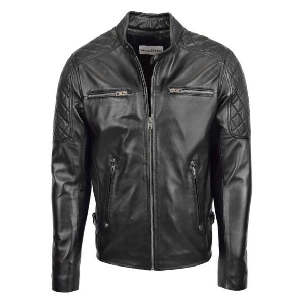 WeeBroz Men's Black Leather Biker Jacket Quilt Detail Style - Image 1