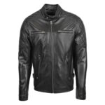 WeeBroz Men's Black Leather Biker Jacket Quilt Detail Style - Image 3