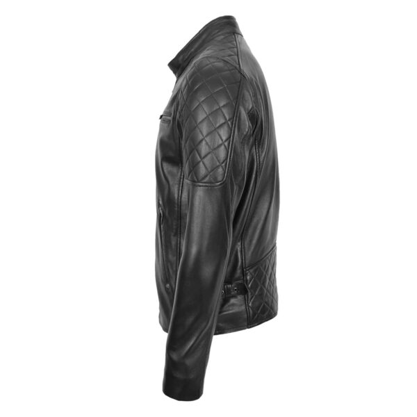 WeeBroz Men's Black Leather Biker Jacket Quilt Detail Style - Image 4