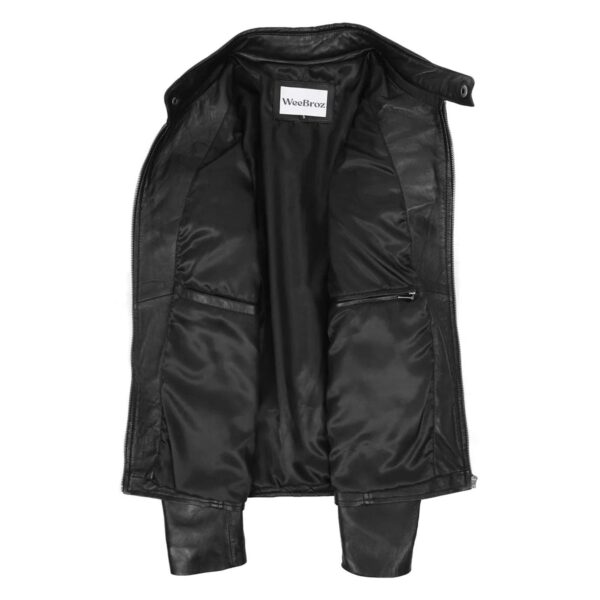 WeeBroz Men's Black Leather Biker Jacket Quilt Detail Style - Image 5