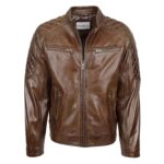 WeeBroz Men's Timber Brown Leather Biker Jacket Quilt Detail Style
