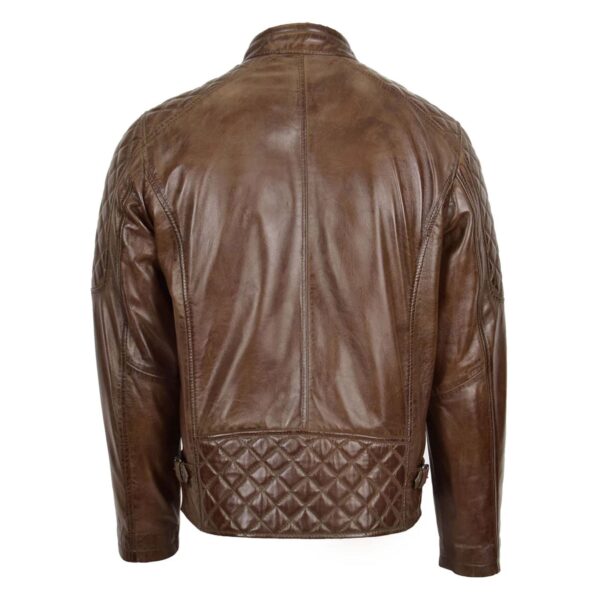 WeeBroz Men's Timber Brown Leather Biker Jacket Quilt Detail Style - Image 2