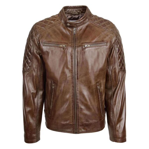 WeeBroz Men's Timber Brown Leather Biker Jacket Quilt Detail Style - Image 3