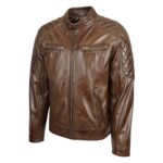 WeeBroz Men's Timber Brown Leather Biker Jacket Quilt Detail Style - Image 4